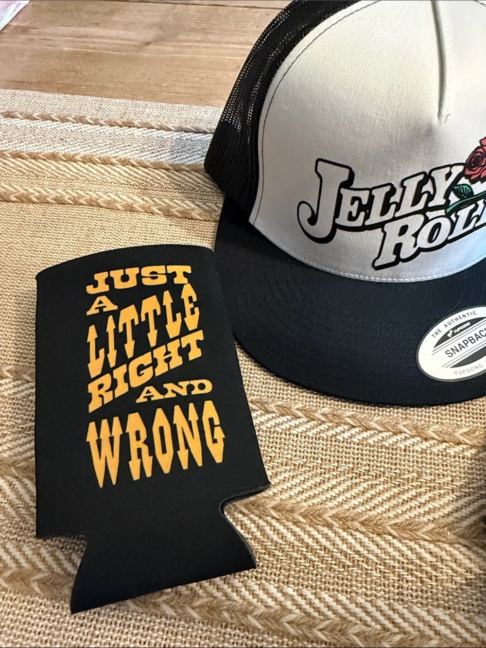 Jelly Roll Concert SnapBack Hat & Koozie’s Just a Little Right and Wrong